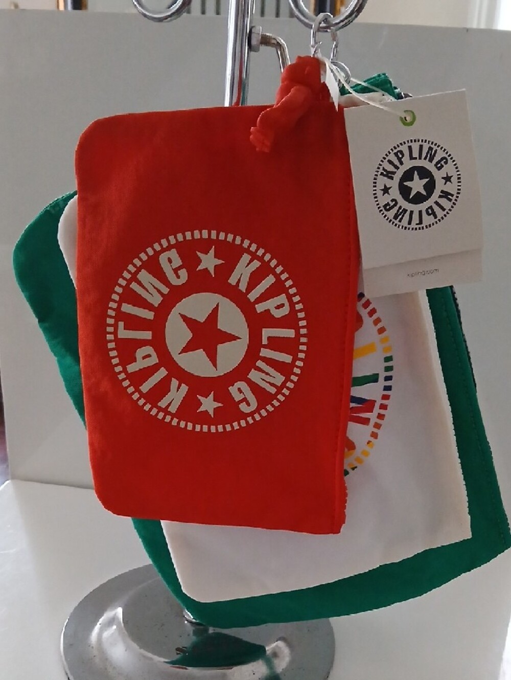 Kipling Red, Green And White Zip Pouch Set NWT